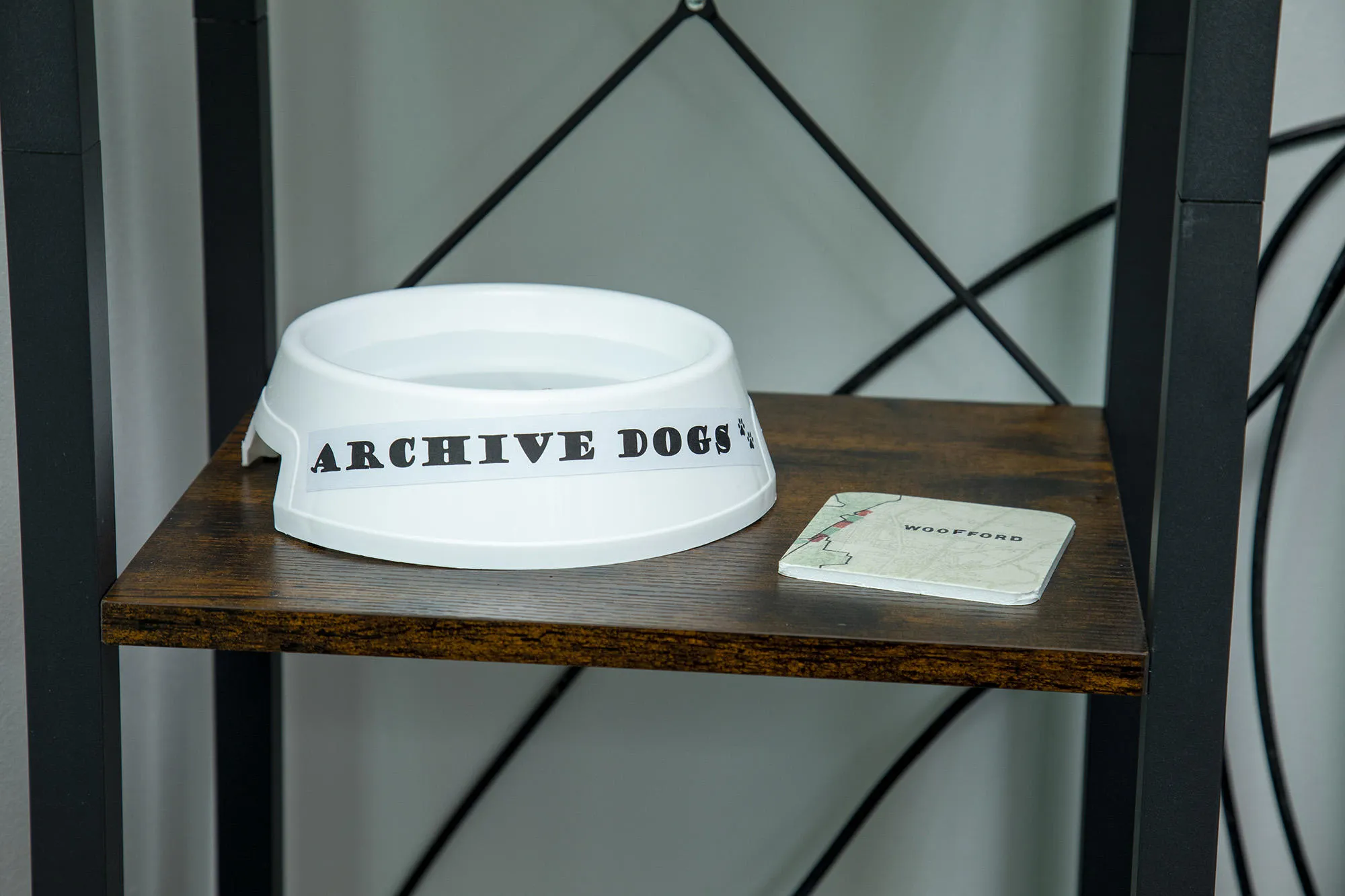 Dog water bowl on a shelf in the Visitor Lounge at The London Archives