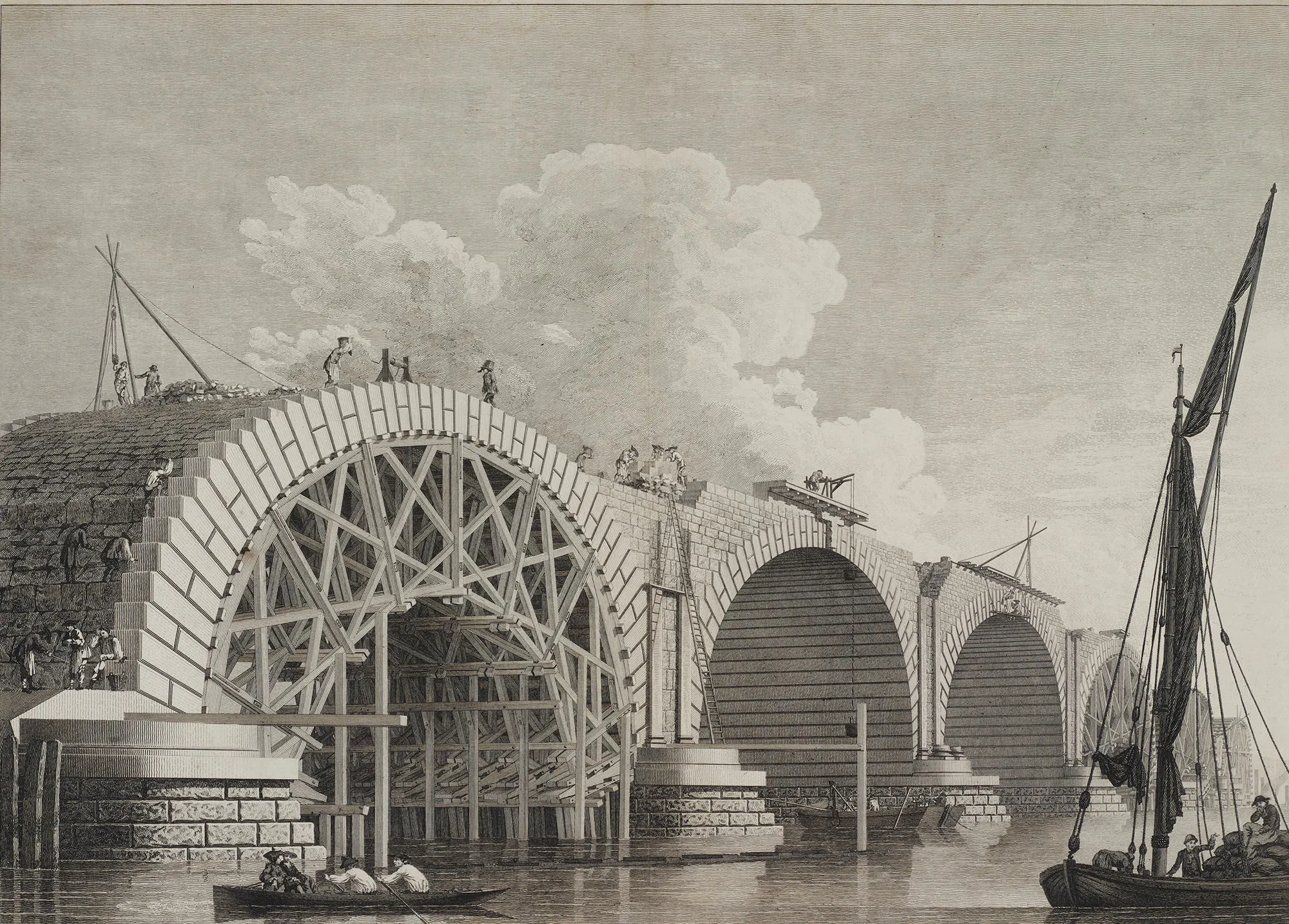 Blackfriars bridge being built in 1777, with scaffolding under arches