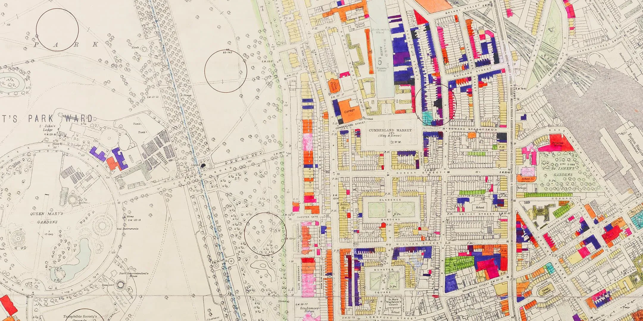 Colour coded bomb damage map showing the different levels of damage