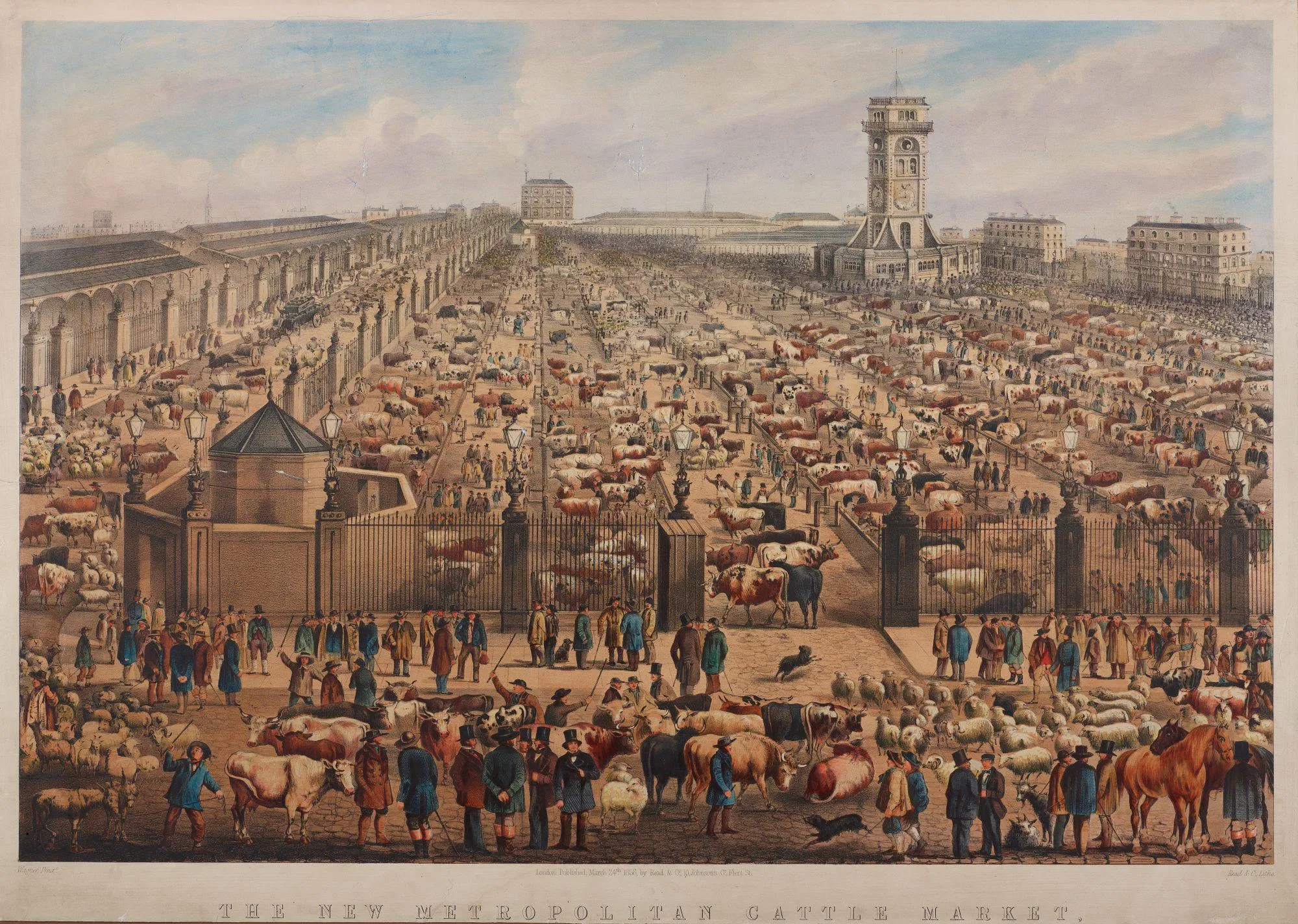 a packed cattle market with gates and a tower and a busy foreground populated by traders in top hats.