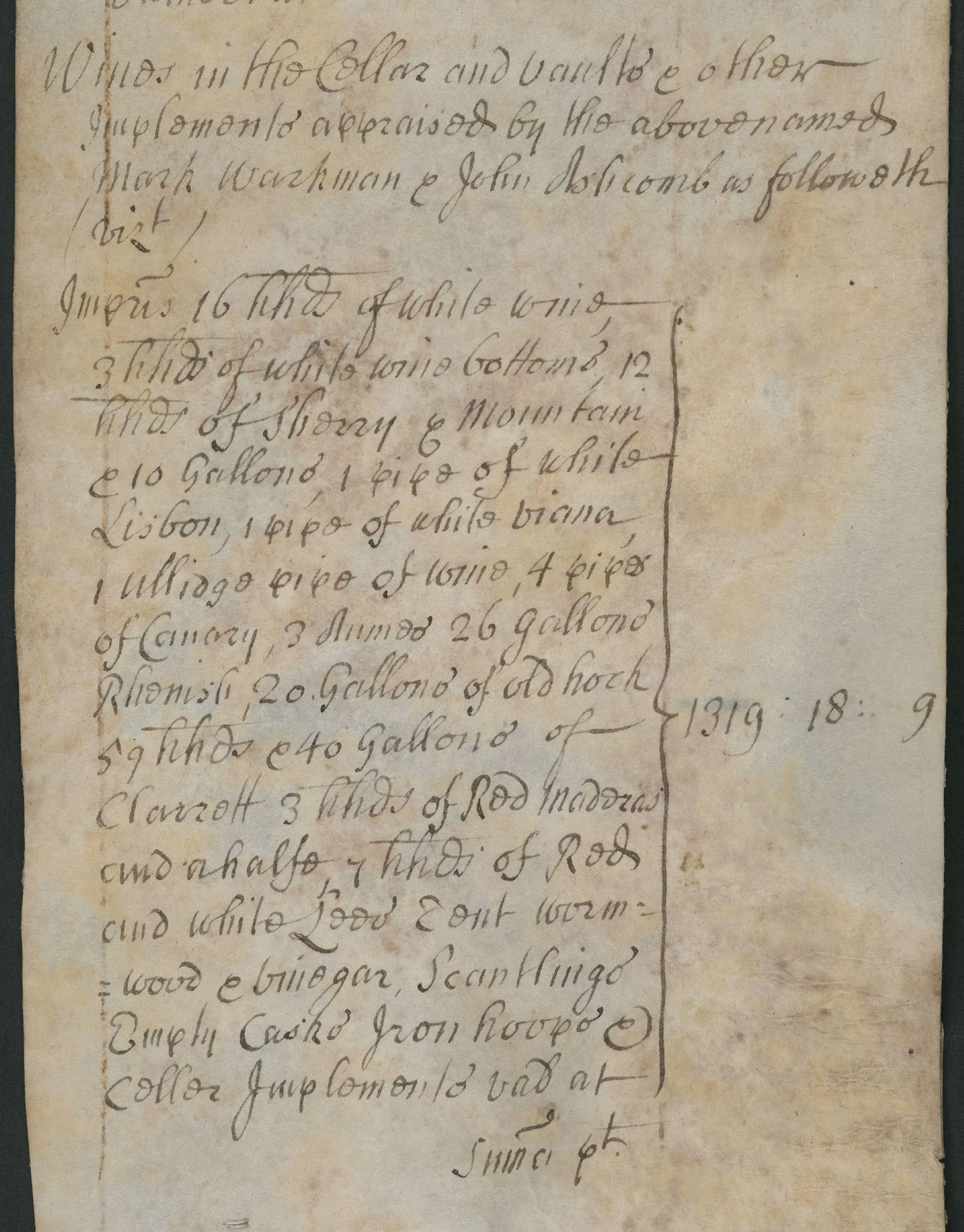 Probate inventory of Henry Kellett from 1711 showing a list of stock for a tavern