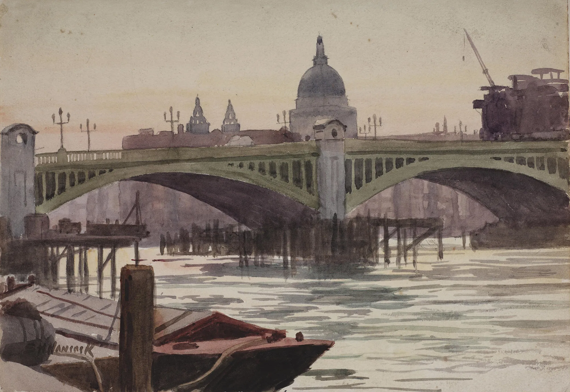 Watercolour of Southwark Bridge with St Paul's Cathedral in the background and barges in the foreground