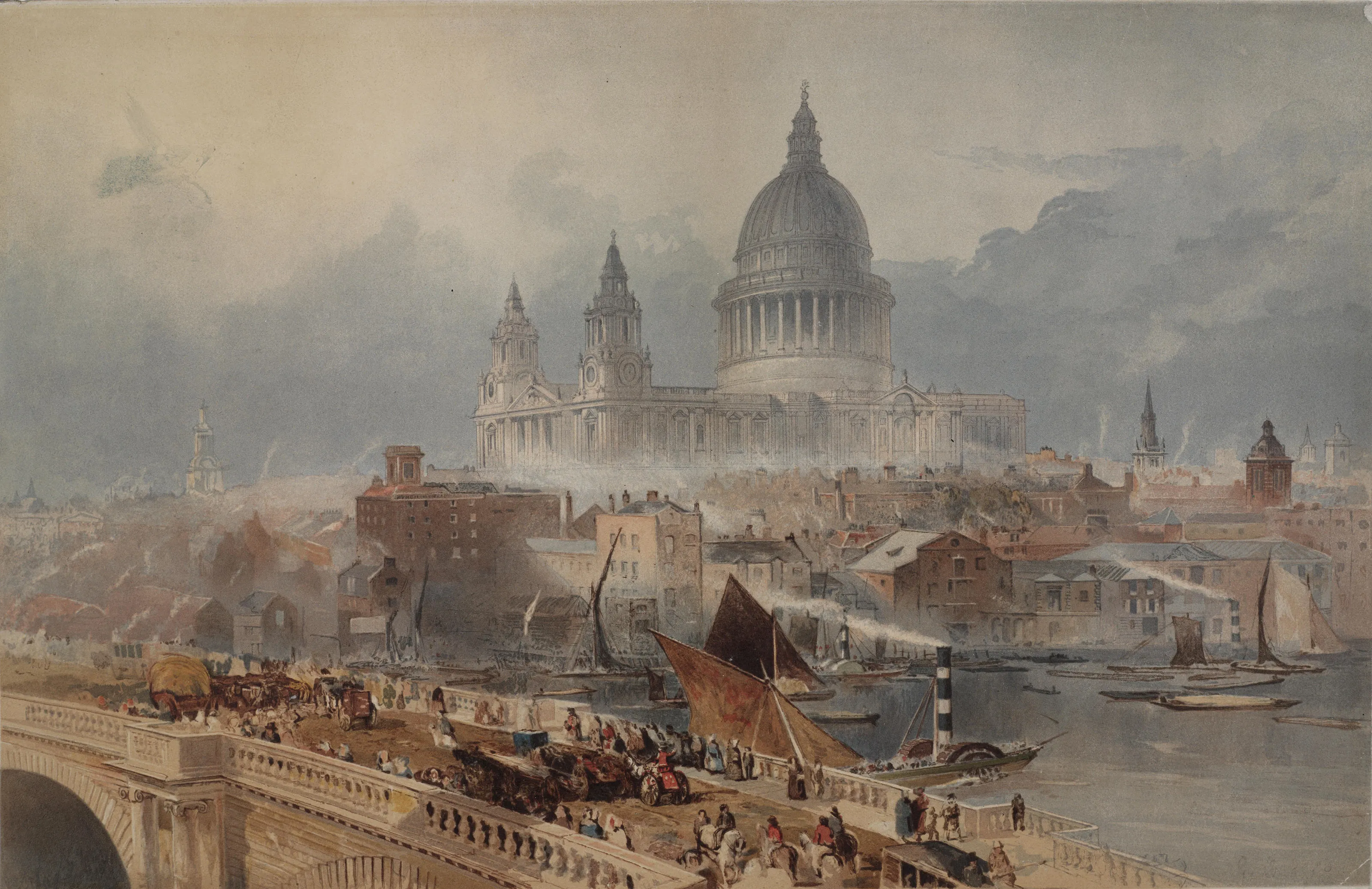 painting of st paul's by blackfriars bridge with carts and people on the bridge and boats in the water
