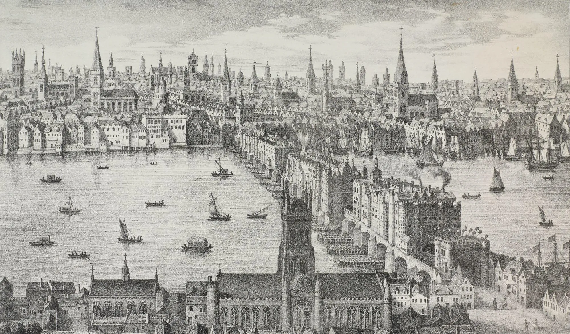 drawing of old London Bridge with houses on the bridge and boats on the river.